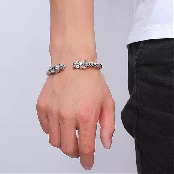 Dragon Viking Sterling Silver Plated Stainless Steel Bangle Cuff Bracelet - Picture 9 of 16